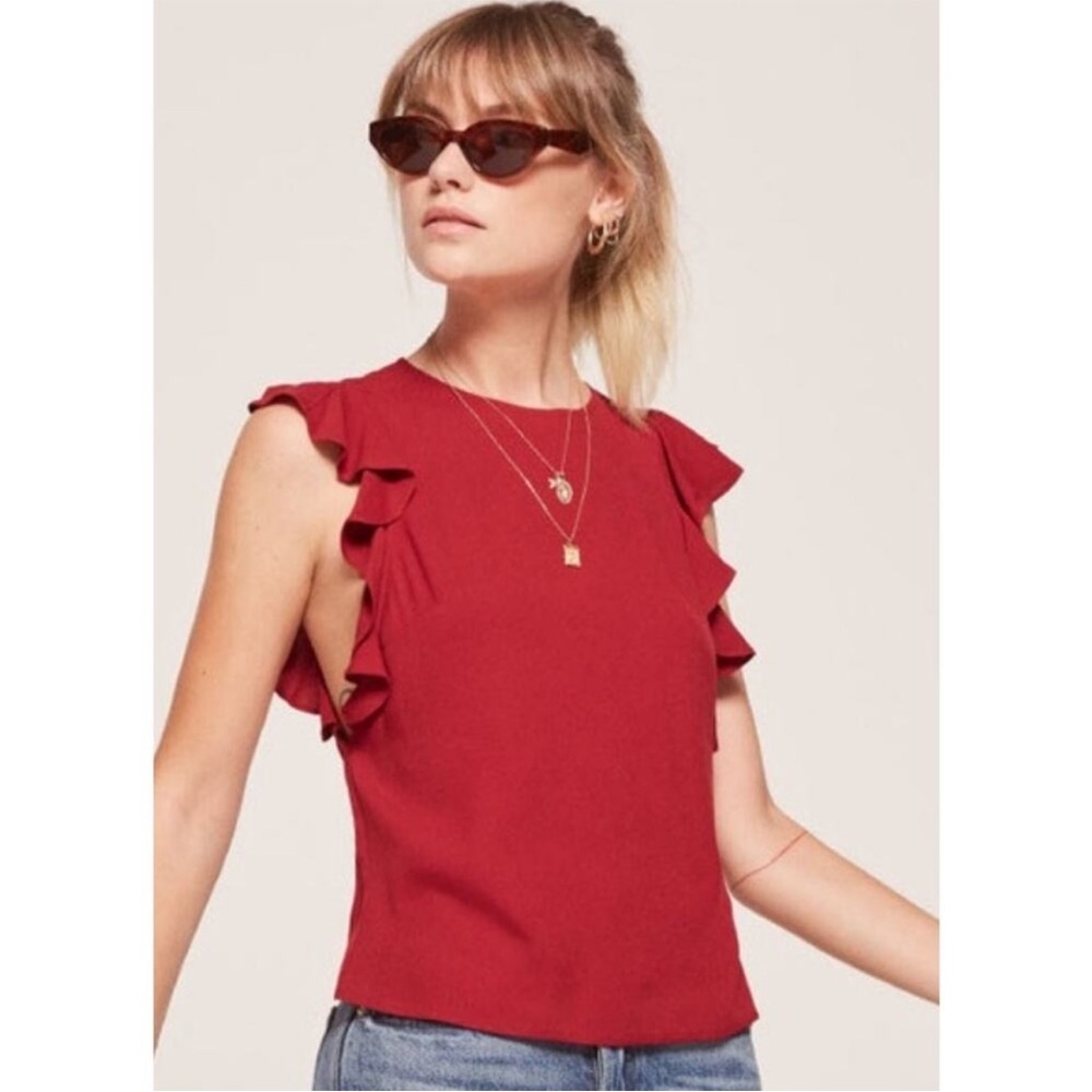 Reformation Magpie Crimson Red Womens Top Ruffle Sleeve Size Large